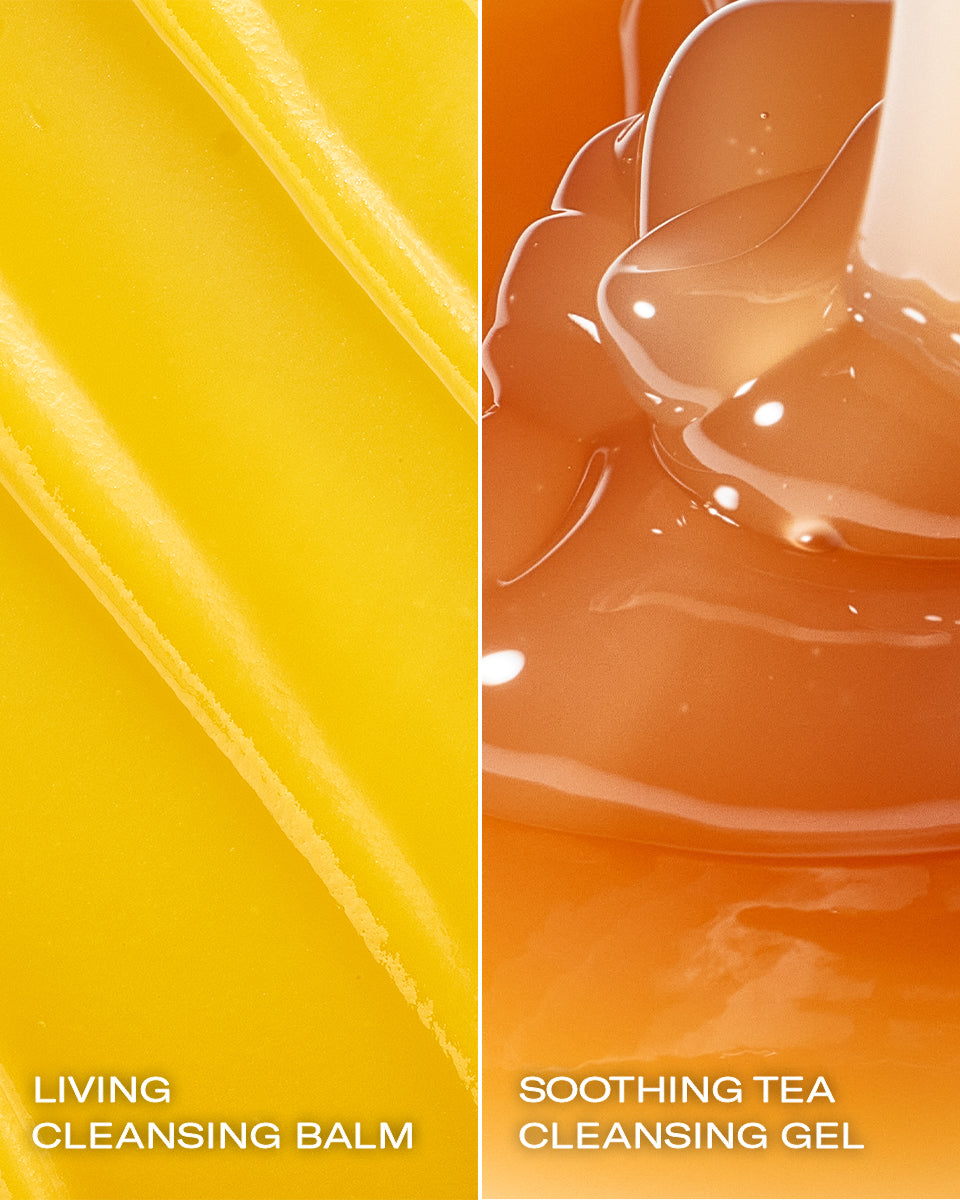 Yellow creamy balm texture and glossy honey-colored gel texture side by side.
