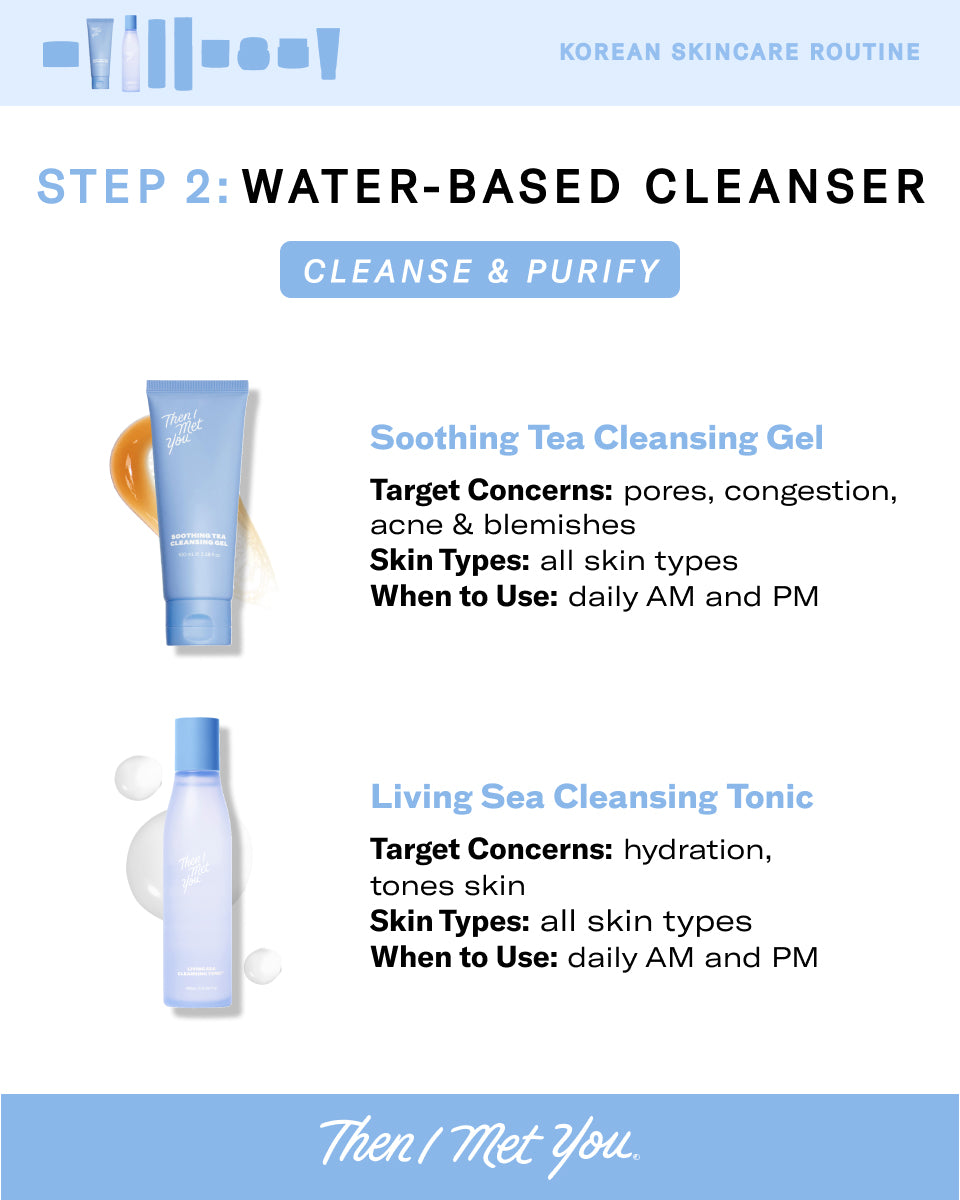 Blue tube of Soothing Tea Cleansing Gel with white cap and Korean skincare branding.